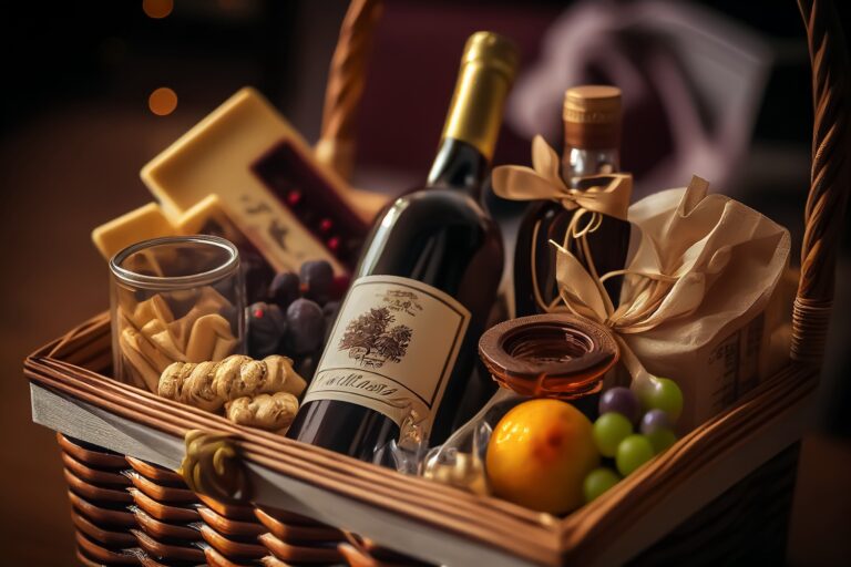 Geschenkkorb mit Wein, Pasta und Antipasti